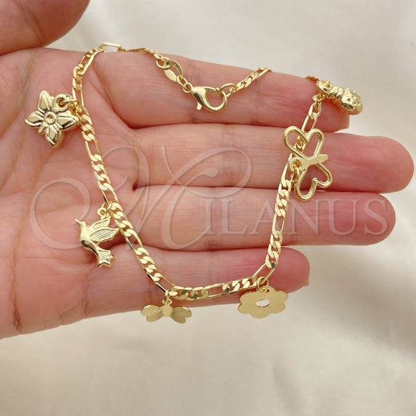 Tobillera de Dije 03.32.0607.10 Oro Laminado, Diseño de Mariposa y Flor, Pulido, Tono Dorado (06 MM Thickness, 10 Inches Length)