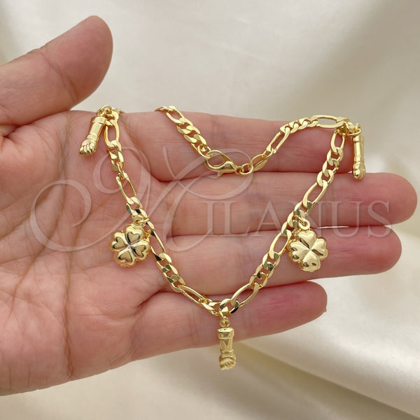 Tobillera de Dije 03.32.0608.10 Oro Laminado, Diseño de Mano de Figa y Trébol de Cuatro Hojas, Pulido, Tono Dorado (06 MM Thickness, 10 Inches Length)