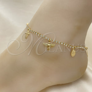 Tobillera Elegante 03.32.0627.10 Oro Laminado, Diseño de Angel y Cruz, con Blanca Zirconia Cubica, Pulido, Tono Dorado (04 MM Thickness, 10 Inches Length)