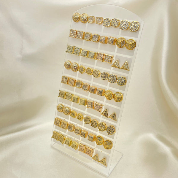 Kit Surtido de 36 Aretes de Botón para Hombre de Oro Laminado con Exhibidor al por mayor — SKU 153264
