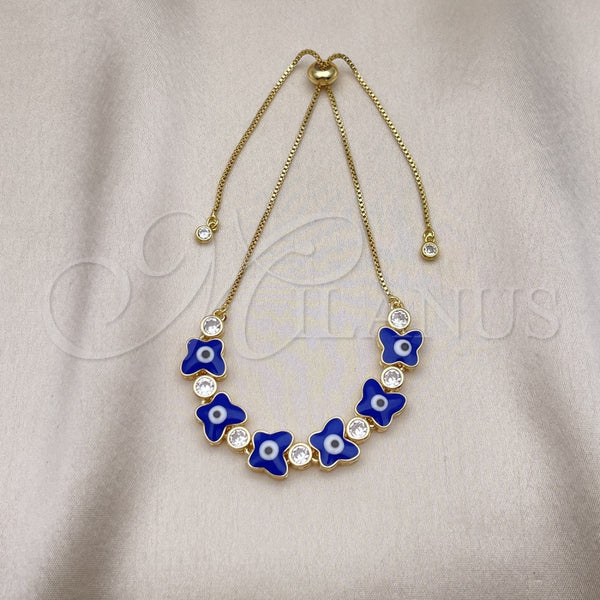 Pulsera Bolo Ajustable 03.411.0003.13 Oro Laminado, Diseño de Mariposa y Ojo Griego, con Blanca Zirconia Cubica, Esmaltado Azul, Tono Dorado (01 MM Thickness, 13 Inches Length)