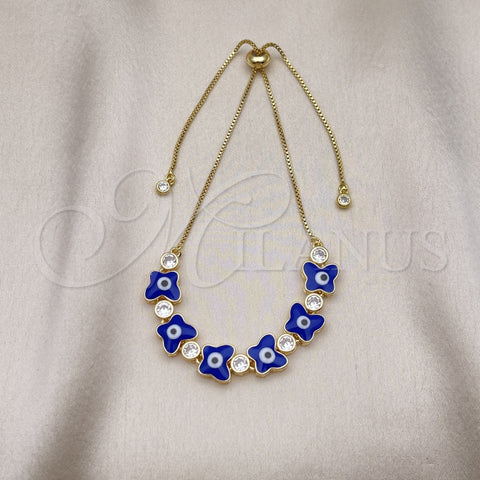Pulsera Bolo Ajustable 03.411.0003.13 Oro Laminado, Diseño de Mariposa y Ojo Griego, con Blanca Zirconia Cubica, Esmaltado Azul, Tono Dorado (01 MM Thickness, 13 Inches Length)