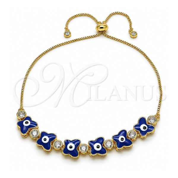 Pulsera Bolo Ajustable 03.411.0003.13 Oro Laminado, Diseño de Mariposa y Ojo Griego, con Zirconia Cubica Blanca, Esmaltado Azul, Tono Dorado (Grosor 01 MM, 13 Pulgadas de Largo)