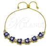 Pulsera Bolo Ajustable 03.411.0003.13 Oro Laminado, Diseño de Mariposa y Ojo Griego, con Blanca Zirconia Cubica, Esmaltado Azul, Tono Dorado (01 MM Thickness, 13 Inches Length)