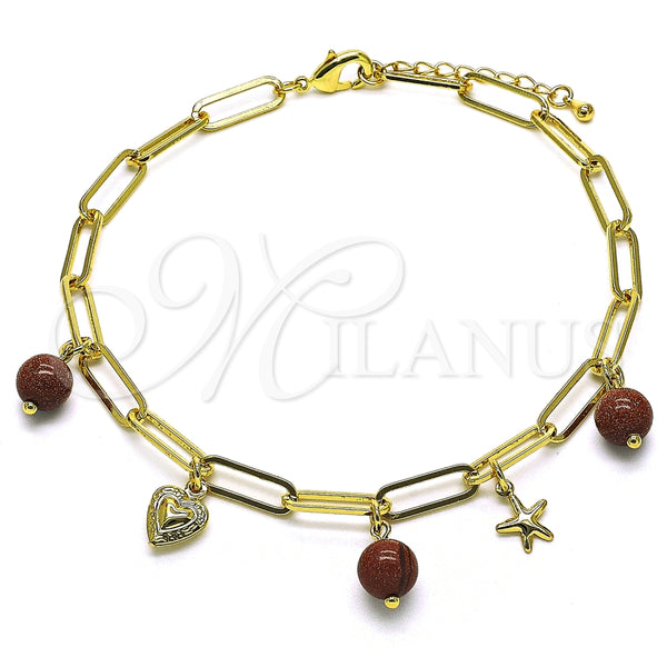 Tobillera de Dije 03.63.2282.10 Oro Laminado, Diseño de Corazón y Estrella, con Cafe Goldstone Venturina, Pulido, Tono Dorado (05 MM Thickness, 10 Inches Length)