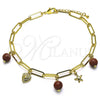Tobillera de Dije 03.63.2282.10 Oro Laminado, Diseño de Corazón y Estrella, con Cafe Goldstone Venturina, Pulido, Tono Dorado (05 MM Thickness, 10 Inches Length)