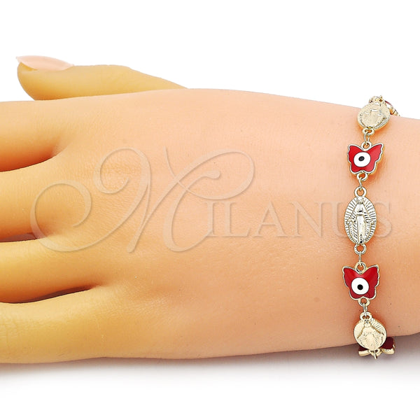 Pulsera Elegante 03.213.0223.1.07 Oro Laminado, Diseño de Virgen Maria y Mariposa, Esmaltado Rojo, Tono Dorado (08 MM Thickness, 7 Inches Length)
