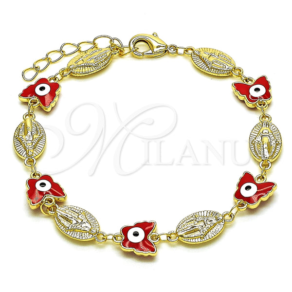 Pulsera Elegante 03.213.0223.1.07 Oro Laminado, Diseño de Virgen Maria y Mariposa, Esmaltado Rojo, Tono Dorado (08 MM Thickness, 7 Inches Length)