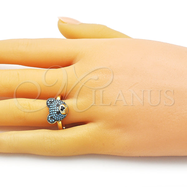 Anillo Multi Piedra 01.341.0102.1 Oro Laminado, Diseño de Osito y Solitario, con Turquoise and Negro Micro Pave, Pulido, Dos Tonos (One size fits all)