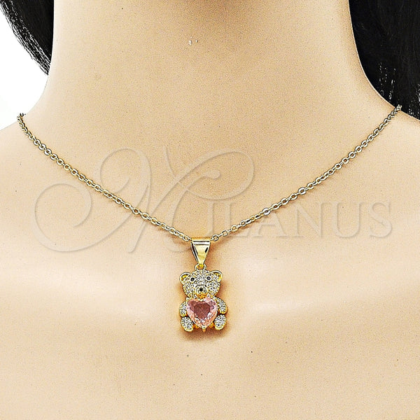 Dije Elegante 05.342.0165.1 Oro Laminado, Diseño de Osito y Corazón, con Rosado Zirconia Cubica and Blanca Micro Pave, Pulido, Tono Dorado