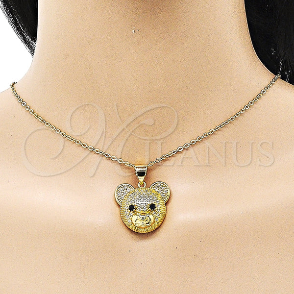 Dije Elegante 05.342.0172 Oro Laminado, Diseño de Osito, con Blanca Micro Pave and Negro Zirconia Cubica, Pulido, Tono Dorado