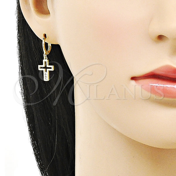 Arete Colgante 02.213.0541 Oro Laminado, Diseño de Cruz, con Blanca Zirconia Cubica, Pulido, Tono Dorado