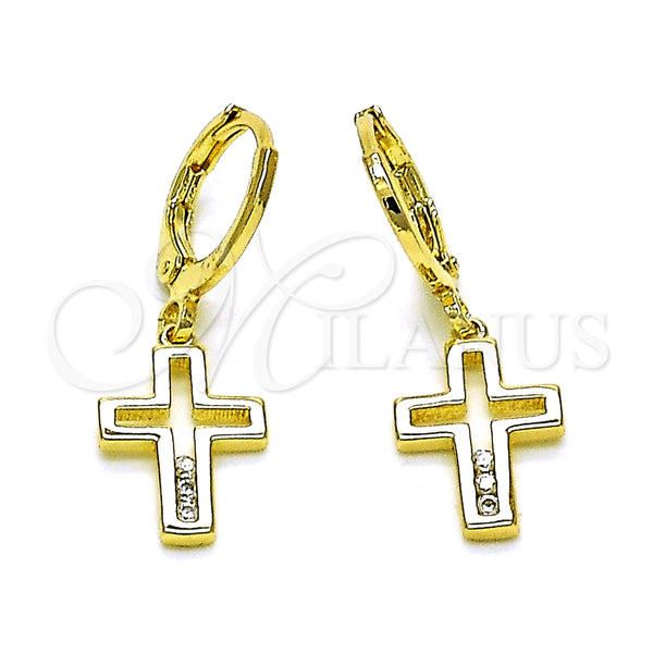 Arete Colgante 02.213.0541 Oro Laminado, Diseño de Cruz, con Blanca Zirconia Cubica, Pulido, Tono Dorado