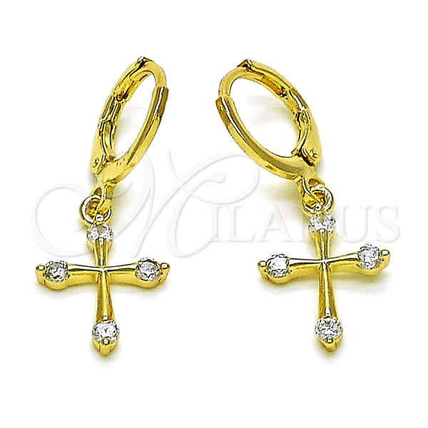 Arete Colgante 02.213.0543 Oro Laminado, Diseño de Cruz, con Blanca Zirconia Cubica, Pulido, Tono Dorado