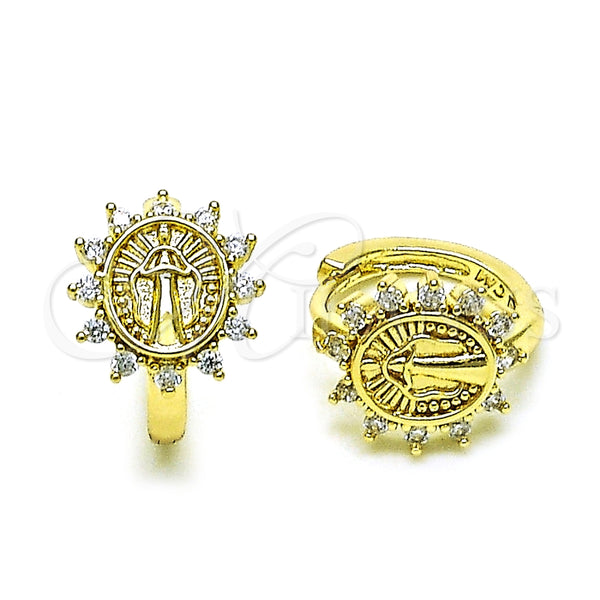 Argolla Huggie 02.213.0545.15 Oro Laminado, Diseño de Virgen Maria, con Blanca Zirconia Cubica, Pulido, Tono Dorado