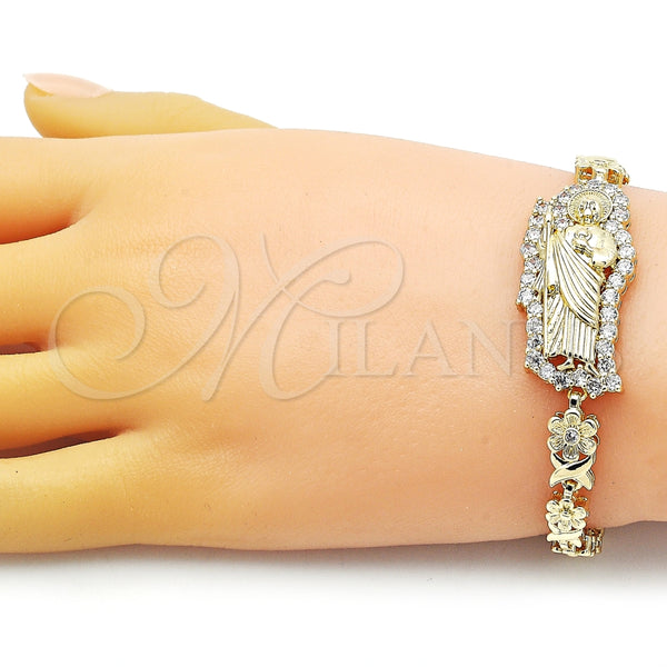 Pulsera Solida 03.411.0004.08 Oro Laminado, Diseño de San Judas y Besos y Abrazos, con Blanca Zirconia Cubica, Pulido, Tono Dorado (07 MM Thickness, 8 Inches Length)