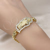 Pulsera Solida 03.411.0004.08 Oro Laminado, Diseño de San Judas y Besos y Abrazos, con Blanca Zirconia Cubica, Pulido, Tono Dorado (07 MM Thickness, 8 Inches Length)