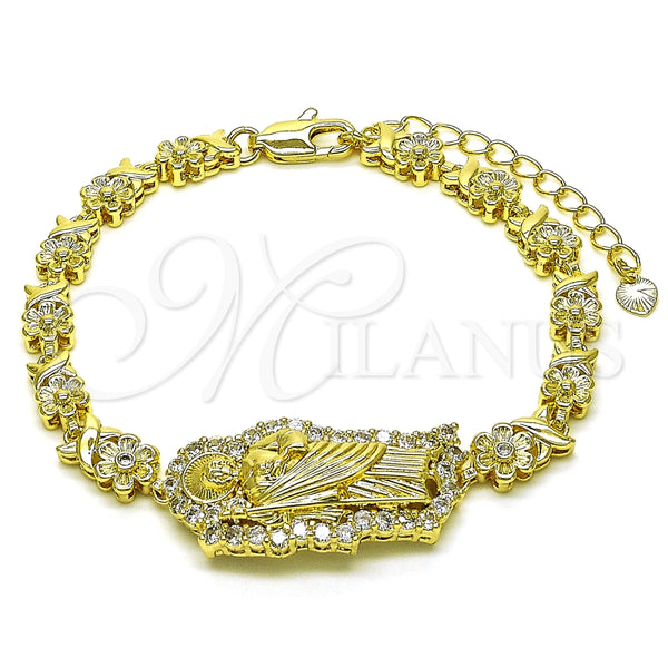 Pulsera Solida 03.411.0004.08 Oro Laminado, Diseño de San Judas y Besos y Abrazos, con Blanca Zirconia Cubica, Pulido, Tono Dorado (07 MM Thickness, 8 Inches Length)