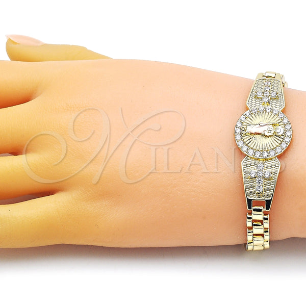 Pulsera Solida 03.411.0005.08 Oro Laminado, Diseño de San Judas y Cruz, con Blanca Zirconia Cubica, Pulido, Tres Tonos (08 MM Thickness, 8 Inches Length)