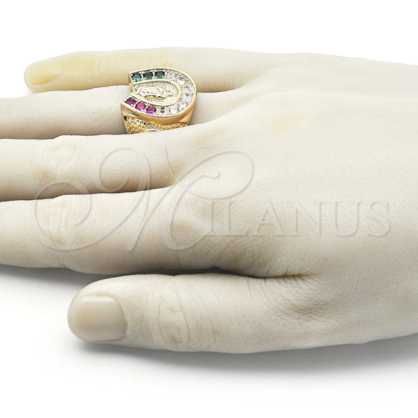 Anillo de Hombre 01.210.0158.09 Oro Laminado, Diseño de Guadalupe, con Multicolor Zirconia Cubica, Pulido, Tono Dorado (Size 9)
