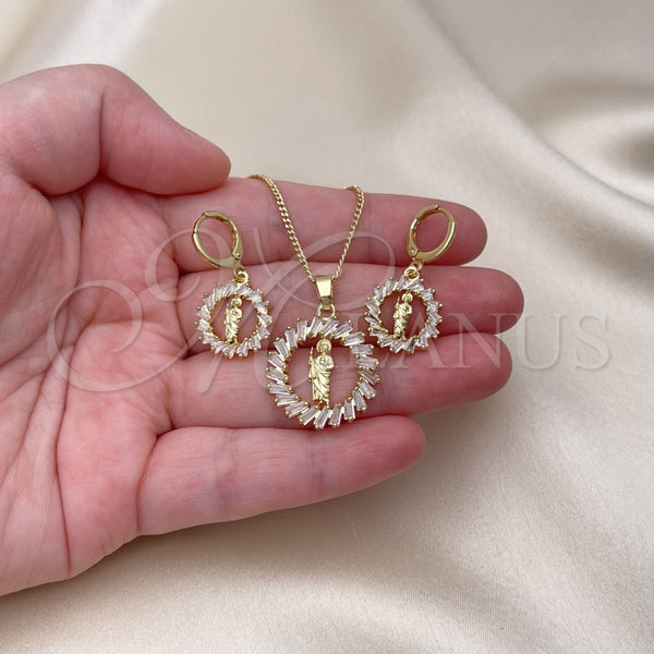 Juego de Arete y Dije de Adulto 10.316.0072 Oro Laminado, Diseño de San Judas y Baguette, con Blanca Zirconia Cubica, Pulido, Tono Dorado