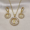 Juego de Arete y Dije de Adulto 10.316.0072 Oro Laminado, Diseño de San Judas y Baguette, con Blanca Zirconia Cubica, Pulido, Tono Dorado