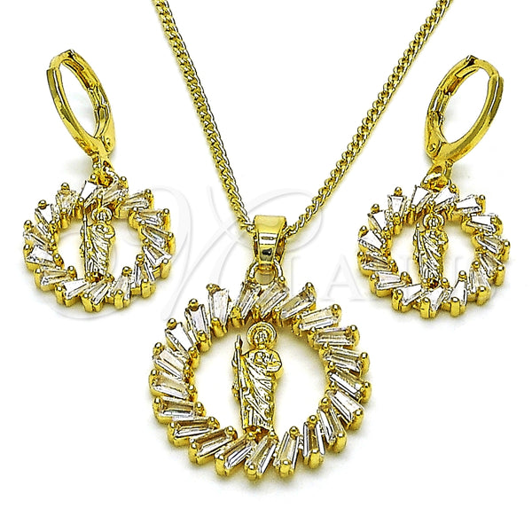 Juego de Arete y Dije de Adulto 10.316.0072 Oro Laminado, Diseño de San Judas y Baguette, con Blanca Zirconia Cubica, Pulido, Tono Dorado