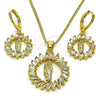 Juego de Arete y Dije de Adulto 10.316.0072 Oro Laminado, Diseño de San Judas y Baguette, con Blanca Zirconia Cubica, Pulido, Tono Dorado