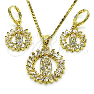 Juego de Arete y Dije de Adulto 10.316.0073 Oro Laminado, Diseño de Guadalupe y Baguette, con Blanca Zirconia Cubica, Pulido, Tono Dorado