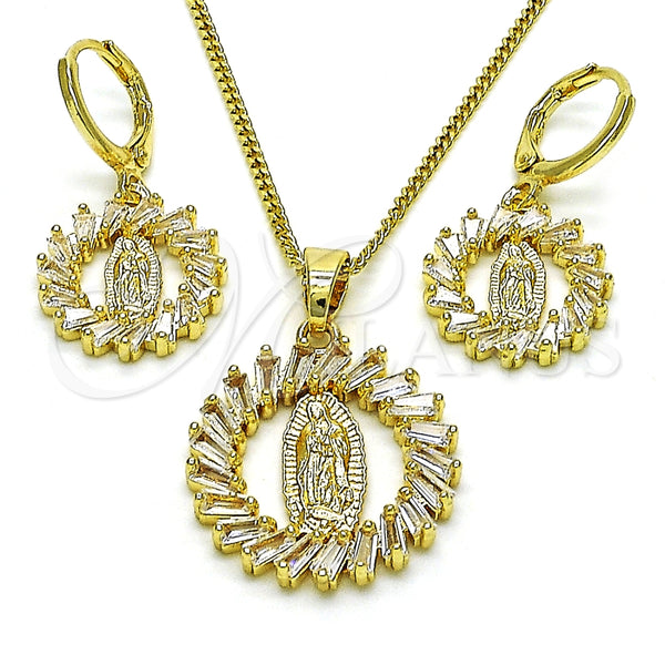 Juego de Arete y Dije de Adulto 10.316.0073 Oro Laminado, Diseño de Guadalupe y Baguette, con Blanca Zirconia Cubica, Pulido, Tono Dorado