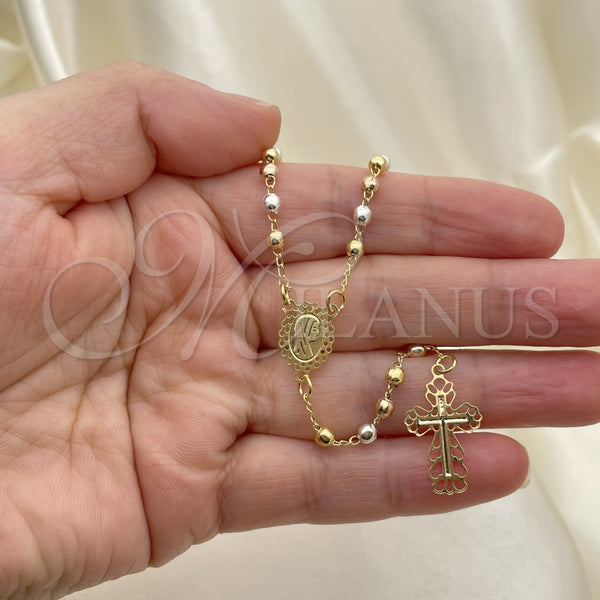 Rosario Fino 09.02.0058.18 Oro Laminado, Diseño de Cruz y Virgen Maria, Pulido, Tres Tonos