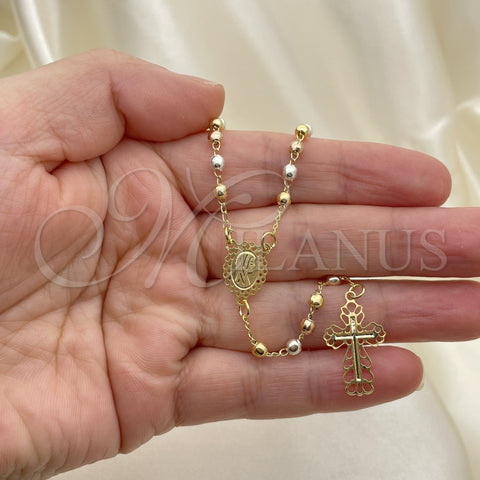 Rosario Fino 09.02.0058.18 Oro Laminado, Diseño de Cruz y Virgen Maria, Pulido, Tres Tonos