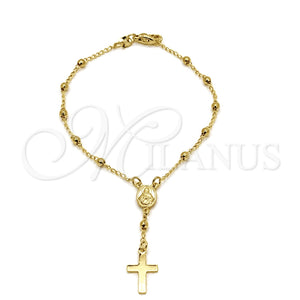 Rosario de Pulsera 09.02.0067 Oro Laminado, Diseño de Cruz y Virgen Maria, Pulido, Tono Dorado