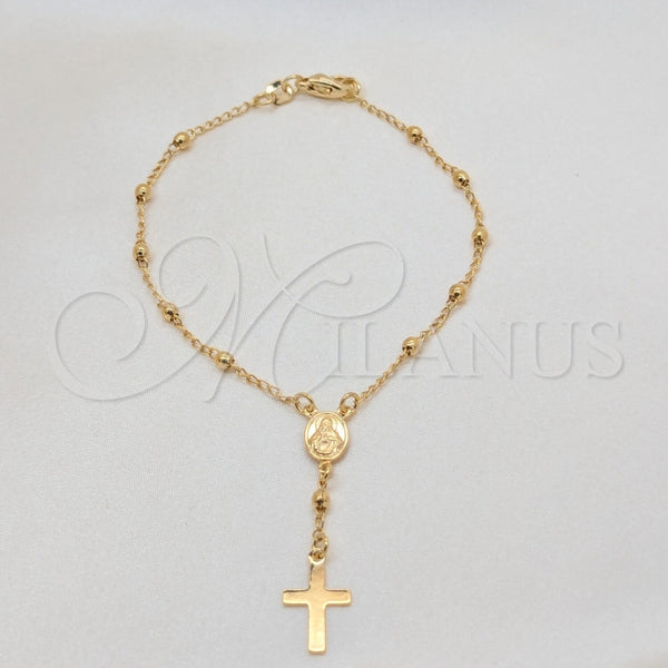 Rosario de Pulsera 09.02.0067 Oro Laminado, Diseño de Cruz y Virgen Maria, Pulido, Tono Dorado