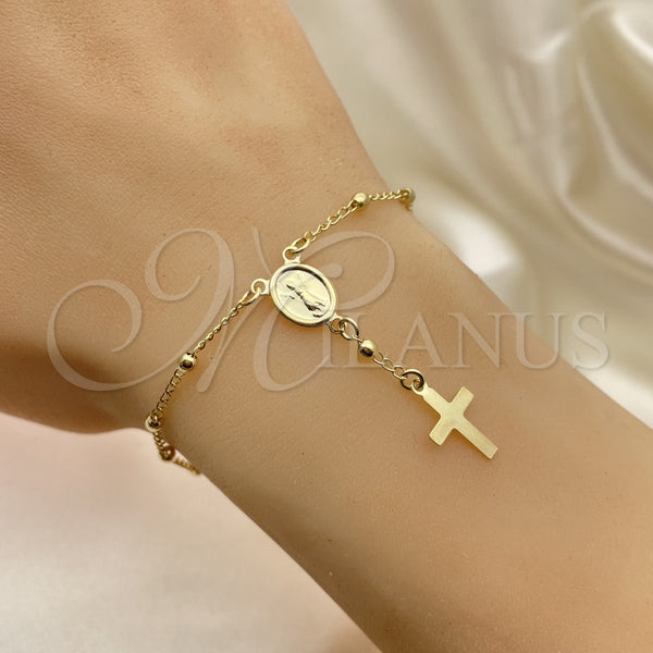 Rosario de Pulsera 09.02.0068 Oro Laminado, Diseño de Cruz y Divino Niño , Pulido, Tono Dorado