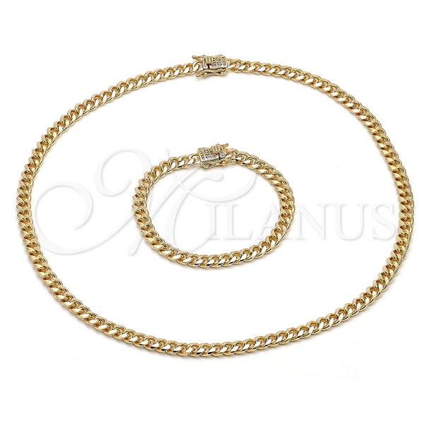 Collar y Pulsera 06.156.0002 Oro Laminado, Diseño de Miami Cubana, con Blanca Micro Pave, Pulido, Tono Dorado