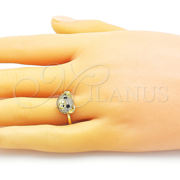 Anillo Multi Piedra 01.341.0114 Oro Laminado, Diseño de Osito, con Blanca Micro Pave and Negro Zirconia Cubica, Pulido, Tono Dorado (One size fits all)