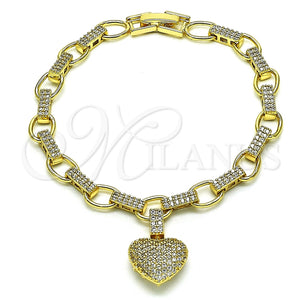 Pulsera Elegante 03.283.0315.07 Oro Laminado, Diseño de Corazón, con Micro Pave Blanca, Pulido, Tono Dorado (Grosor 07 MM, 7 Pulgadas de Largo)