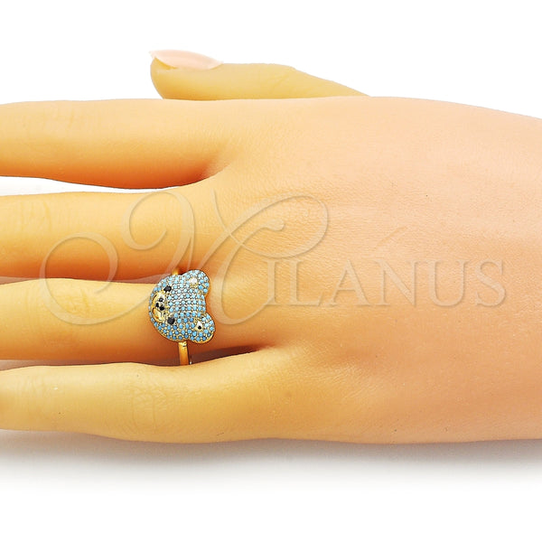 Anillo Multi Piedra 01.368.0019.5 Oro Laminado, Diseño de Osito, con Turquoise and Negro Micro Pave, Pulido, Tono Dorado (One size fits all)