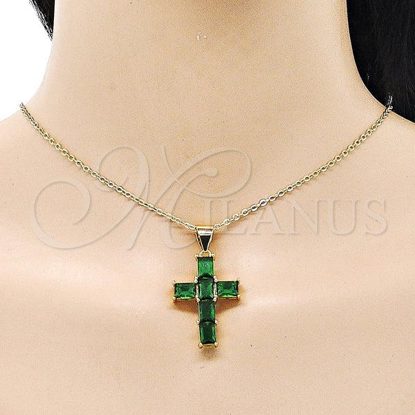 Dije Religioso 05.342.0184 Oro Laminado, Diseño de Cruz, con Verde Zirconia Cubica, Pulido, Tono Dorado