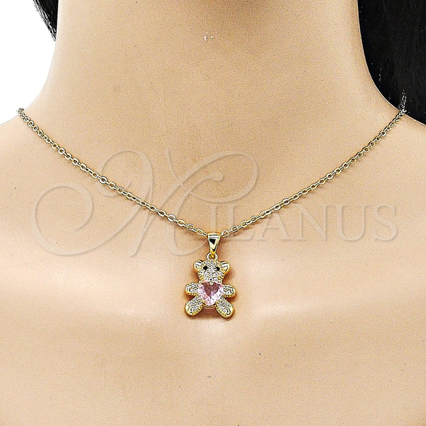 Dije Elegante 05.342.0187.1 Oro Laminado, Diseño de Osito y Corazón, con Rosado Zirconia Cubica and Blanca Micro Pave, Pulido, Tono Dorado