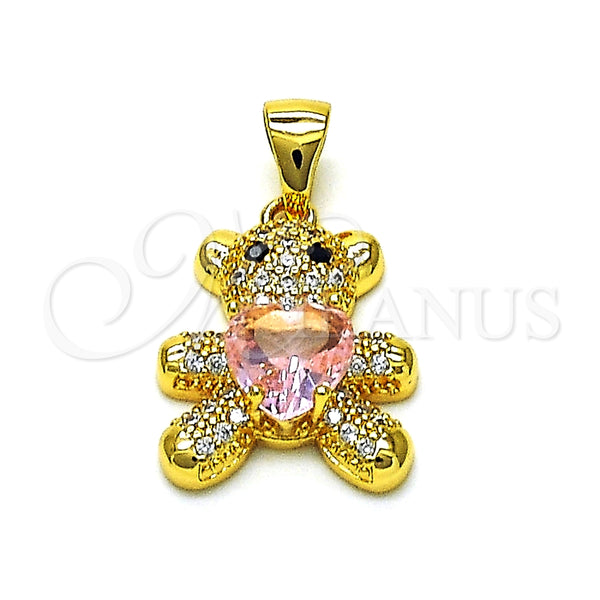 Dije Elegante 05.342.0187.1 Oro Laminado, Diseño de Osito y Corazón, con Rosado Zirconia Cubica and Blanca Micro Pave, Pulido, Tono Dorado