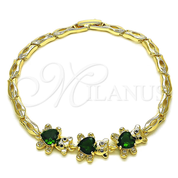 Pulsera Elegante 03.284.0034.1.08 Oro Laminado, Diseño de Osito, con Verde Zirconia Cubica and Blanca Micro Pave, Pulido, Tono Dorado (04 MM Thickness, 8 Inches Length)