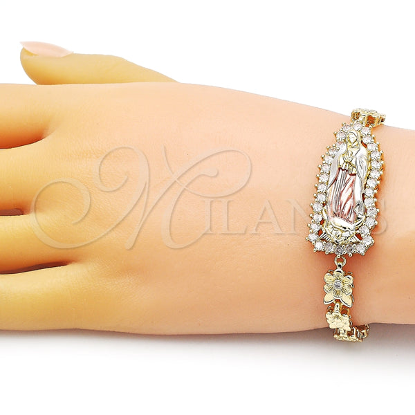 Pulsera Solida 03.411.0006.1.08 Oro Laminado, Diseño de Guadalupe y Flor, con Blanca Zirconia Cubica, Pulido, Tres Tonos (06 MM Thickness, 8 Inches Length)