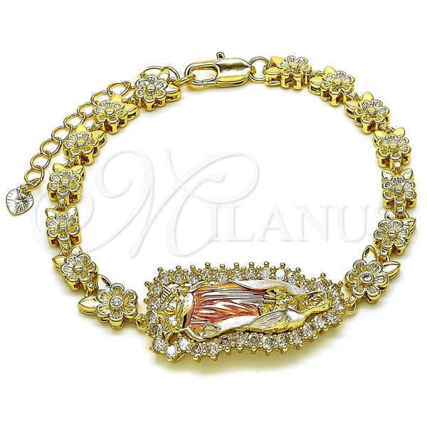 Pulsera Solida 03.411.0006.1.08 Oro Laminado, Diseño de Guadalupe y Flor, con Blanca Zirconia Cubica, Pulido, Tres Tonos (06 MM Thickness, 8 Inches Length)