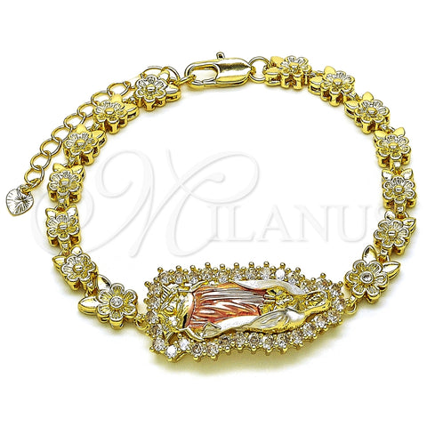 Pulsera Solida 03.411.0006.1.08 Oro Laminado, Diseño de Guadalupe y Flor, con Blanca Zirconia Cubica, Pulido, Tres Tonos (06 MM Thickness, 8 Inches Length)