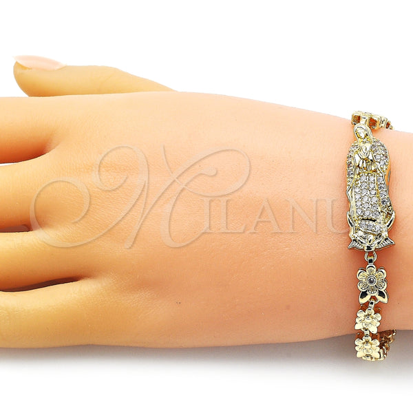 Pulsera Solida 03.411.0009.08 Oro Laminado, Diseño de Guadalupe y Flor, con Blanca Zirconia Cubica, Pulido, Tono Dorado (06 MM Thickness, 8 Inches Length)