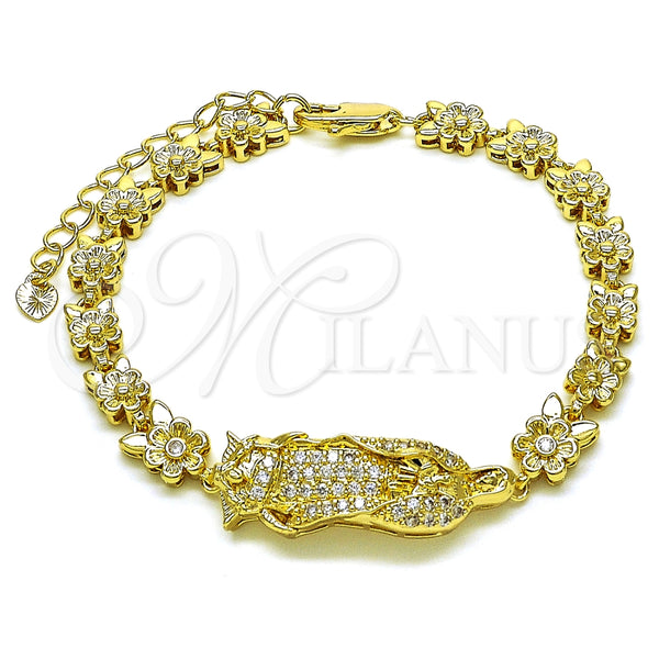 Pulsera Solida 03.411.0009.08 Oro Laminado, Diseño de Guadalupe y Flor, con Blanca Zirconia Cubica, Pulido, Tono Dorado (06 MM Thickness, 8 Inches Length)