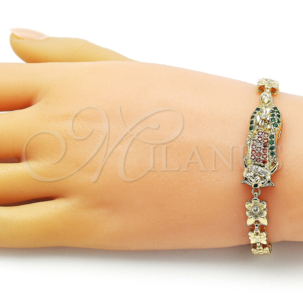 Pulsera Solida 03.411.0009.1.08 Oro Laminado, Diseño de Guadalupe y Flor, con Multicolor Zirconia Cubica, Pulido, Tono Dorado (06 MM Thickness, 8 Inches Length)