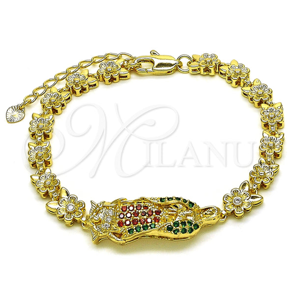 Pulsera Solida 03.411.0009.1.08 Oro Laminado, Diseño de Guadalupe y Flor, con Multicolor Zirconia Cubica, Pulido, Tono Dorado (06 MM Thickness, 8 Inches Length)
